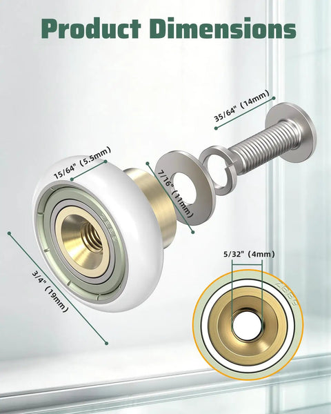 Heavy Hitter Sliding Shower Door Rollers Replacement Kit With Silky Smooth Nylon Wheels And Heavy Duty Brass Shafts, dimensions shown.