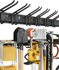 Beefed Up Garage Tool Organizer With Six Double Layer Hooks And Extended 49.5 Inch Wall Mounts Made From Powder Coated Steel To Hoist Long Handled Yard Gear And Shop Kit That Handles Up To 440 Lbs Like A Champ, featuring hooks and yard tools.