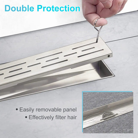 Hand removing the top of a 24 Inch Linear Shower Drain With Removable Patterned Grate Heavy Duty Built To Last 304 Stainless Steel Floor Drain Brushed Nickel Finish CUPC Certified Includes Drain Base Hair Strainer And Leveling Feet High Flow V Shaped Slope