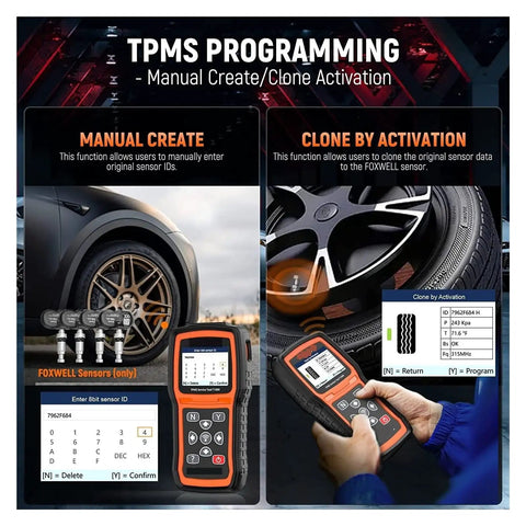 Pro Grade OBD2 Code Reader And Diag Tool With TPMS Learn Tool For Cars Trucks Vans showing manual create and clone activation features.
