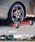 Heavy Duty Car Wheel Dolly Set Of Four For Rolling Loaded Rides With Six Thousand Lb Capacity Anti Slip Foot Pedal and smooth swivel casters under a 12-inch wheel.