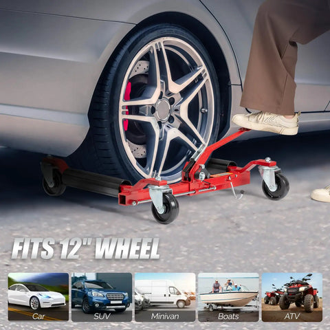 Heavy Duty Car Wheel Dolly Set Of Four For Rolling Loaded Rides With Six Thousand Lb Capacity Anti Slip Foot Pedal and smooth swivel casters under a 12-inch wheel.