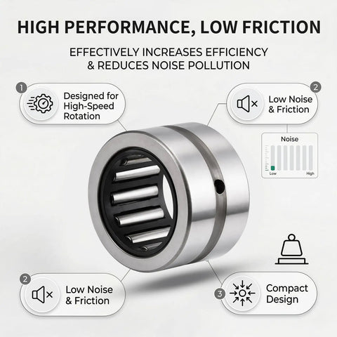Heavy Duty NK15/16 Needle Roller Bearing Two Piece Set displaying compact design and steel construction for high-speed rotation.