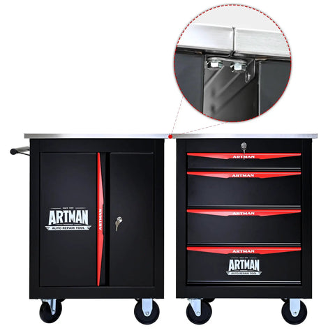 Rolling Tool Cart With Double Doors Lockable Partition And Stainless Steel Top for garage, workshop, and warehouse storage.