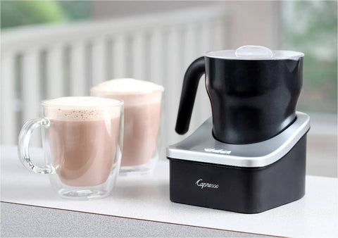 Automatic Milk Frother And Hot Chocolate Maker For Barista Level Foam At Home With 8 Oz Frothing Capacity And 12 Oz Heating Dishwasher Safe Removable Milk Pitcher With Clear Lid Great For Lattes Cappuccinos And Mochas with two cups of coffee