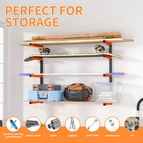 Hella Strong Wall Mount Lumber Rack With Eight Adjustable Levels Holding 1040 Lbs For Stacked Boards Inside Your Garage Workshop Or Home Basement Storage Rack with tools and materials.