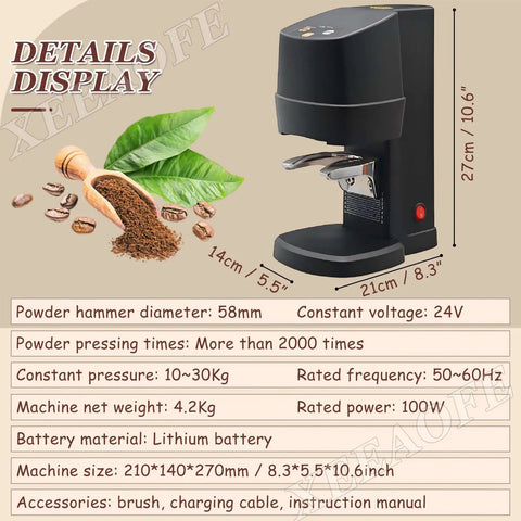 Heavy Duty Automatic Electric Coffee Tamper 58 Mm With Easy Pressure Controls And Interchangeable Flat Threaded Press Plates For Smoothly Nailing Espresso Pulls Daily on a countertop with dimensions and features highlighted.