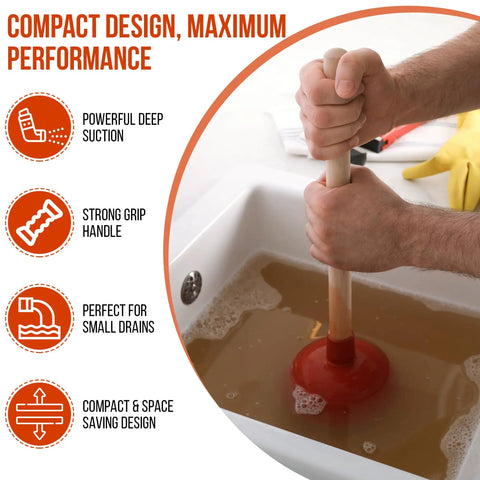 No Problem Small Sink Plunger With Four Inch Cup Straight Shooter Drain Tool For Bathroom Kitchen Clogs And Rv Vanities Space Saving Hand Pump in use in clogged sink.