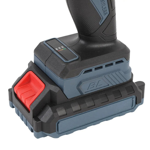 Heavy Duty Brushless Cordless Drill Kit Featuring 1500 RPM Dual Speed Gearbox With 25 Tunable Torque Settings, battery pack with red switch.