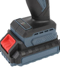 No Fuss Cordless Drill Kit Packing A Smooth Brushless Motor, 1500 Rpm Guts, Badass 45 Nm Torque To Chuck Through Wood And Plastic Effortlessly For Lazy Weekend Remodeling And Slick Diy Projects Us Plug Setup battery pack close-up showing red release button and battery level indicators.
