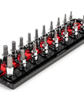 Three Eighths Inch Drive Hex Bit Socket Set With Rails And Tray Nineteen Piece Inch And Metric Sockets on black tray and red rails