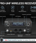 Rechargeable Wireless Microphone System With Dual Metal Handheld Mics And Box Receiver, 2x100 UHF shown with features highlighted