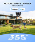 Solar Powered Outdoor Security Camera With 2K 360 Degree View Wireless WiFi Color Night Vision PIR Detection Two Way Audio Motion Alerts Easy Setup No Wires No Fuss showing dog and child in a yard with a modern house.