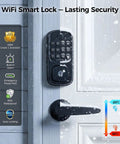 Slick WiFi Smart Door Lock For Front Door Keyless Entry Deadbolt With Handle Set Fingerprint Pin Code Alexa And Google Assistant App Control Voice Access Secure Your Spot Total Game Changer in snowy weather, showcasing built-in alarm and waterproof design.