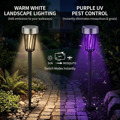 Solar Powered Outdoor Bug Zapper Pack of 4 for Backyard, Garden and Walkways shown in use with warm and UV light modes.