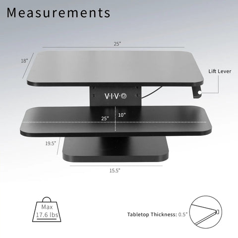 No Brainer Height Adjustable 25 Inch Standing Desk Converter for Sit and Stand Setup, compact tabletop dimensions shown
