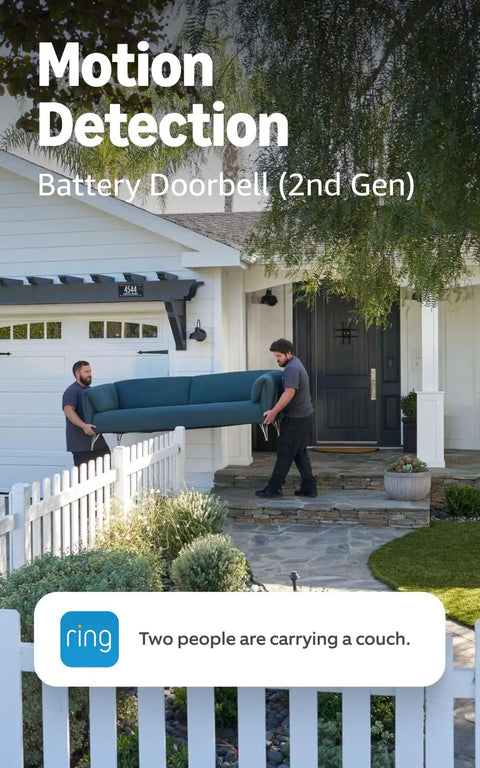 Real Deal Battery Wireless Doorbell Camera Bundle In Speckled Gray Finish With Kickin 2K Hd Video And Retinal 6X Zoom Plus Sweet Easy Setup And Included Wire Free Chime For Hefty Motion Alerts, featuring two men carrying a couch near a home.