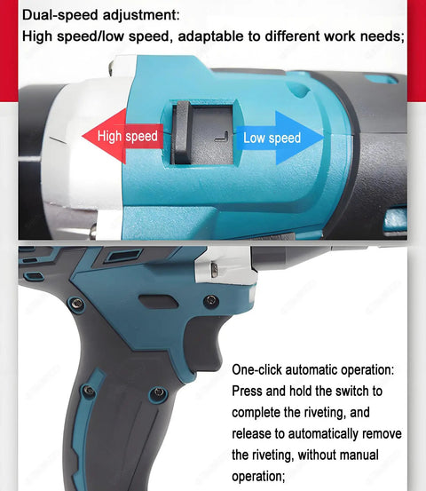 Top Tier Cordless Rivet Gun With Dual 26V Lithium Batteries And Seven Swap Out Tips Featuring Automatic Pin Ejection And Smart Digital Dashboard, showing speed adjustment switch.