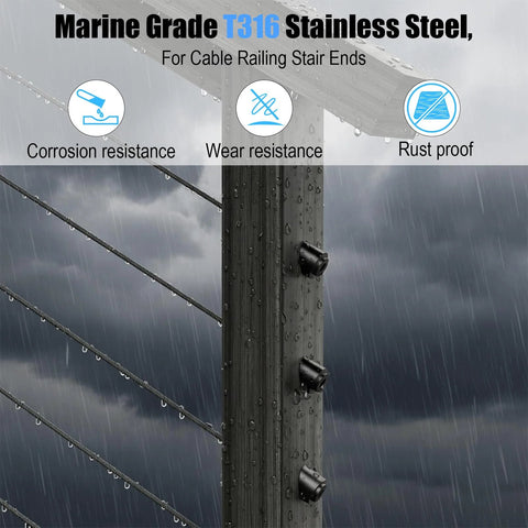 Black 30-degree beveled washers for cable railing, 5/16 in ID, T316 stainless steel, installed on post