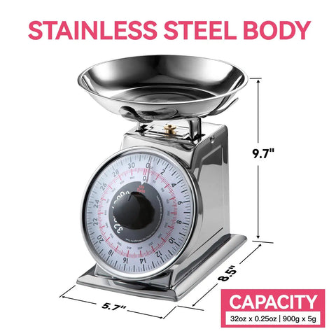 2 Pound Analog Food Scale With 32 Ounces Capacity Stainless Steel Mechanical Kitchen Scale Removable Bowl Tare Function Retro Style