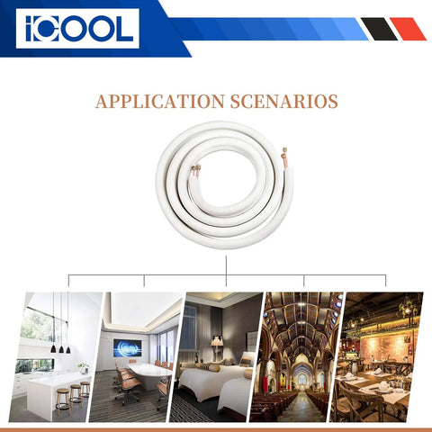 ICOOL 50 ft mini-split line set front view, white insulated twin copper pipes (1/4 in & 3/8 in OD) with nuts, coiled