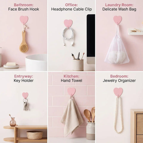 Super Sweet Pink Heart Wall Hooks 10 Pack Adhesive Hangars For Heavy Keys Towels Jackets And Bags Freakin Cute Decorative Storage Organizer For Bathroom Bedroom Or Entryway That Totally Slays Everyday Life, showing hooks in various uses.