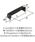 Heavy Duty Oil Rubbed Bronze Drawer Cup Pull dimensions showing length 4-3/8in, width 1-5/16in, for kitchen cabinets and bathroom vanities.