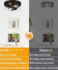 Comparison of two light black flush mount ceiling light fixtures, featuring industrial farmhouse style, size, and material differences.