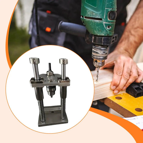 Vertical Drill Guide Attachment For Drill Press Stand, Precise Woodworking Jig For Furniture Making DIY Projects And Pro Carpentry Easy Hole Positioning And Accurate Drilling in use.