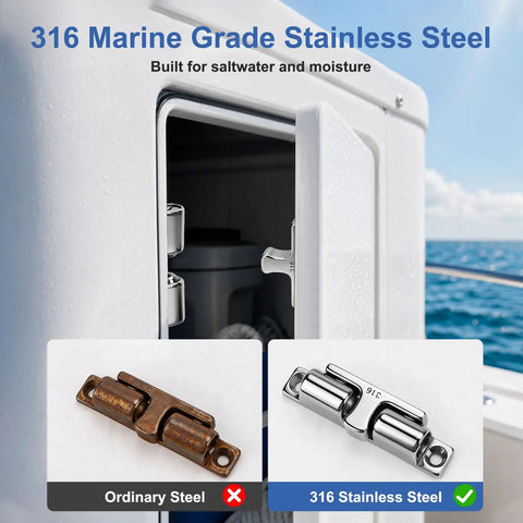 Built Like A Tank Marine Double Roller Catch Latch 316 Stainless Steel spring loaded cabinet door lock shown with 316 and ordinary steel comparison.