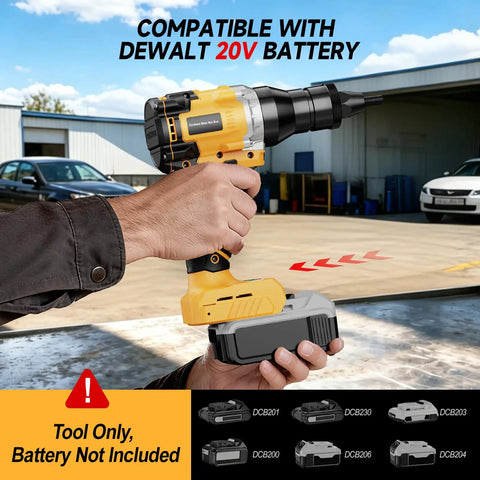 2-In-1 Cordless Brushless Rivet Nut Tool Kit with Dewalt 20V battery compatibility in user’s hand, battery not included