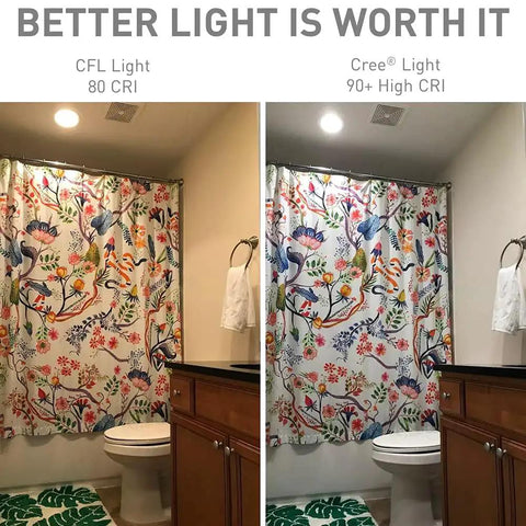 Comparison of bathroom lighting using CFL Light with 80 CRI and Cree Light with 90+ High CRI illustrating color accuracy.