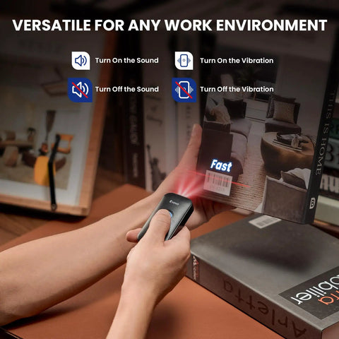 Person using Ultra Compact 1D Bluetooth Barcode Scanner With Three In One Connection Bluetooth USB Wired And Two Point Four GHz Wireless