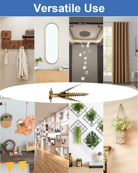 Heavy Duty Gold Self Drilling Drywall Anchors With Screws 160 Piece Kit showcased with mirrors, plants, and decor items.