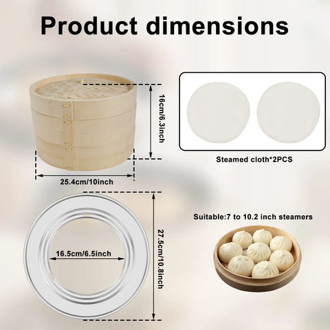 Two Tier Bamboo Food Steamer Basket For Dumplings And Fresh Seafood With No Sweat Cleanup dimensions and steaming cloth.