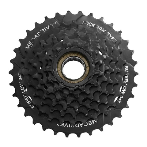 Top view of MFM300 7 Speed 14 To 34T Freewheel Cassette For MTB Bikes Durable Black Sprocket Set for smooth shifting.