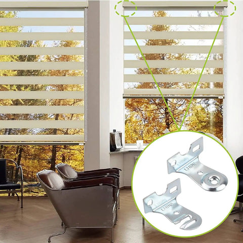Heavy Duty Metal Roller Shade Bracket Two Pack Outside Mount Hardware Tough As Nails Solid Iron curtain blind hooks in a living room.