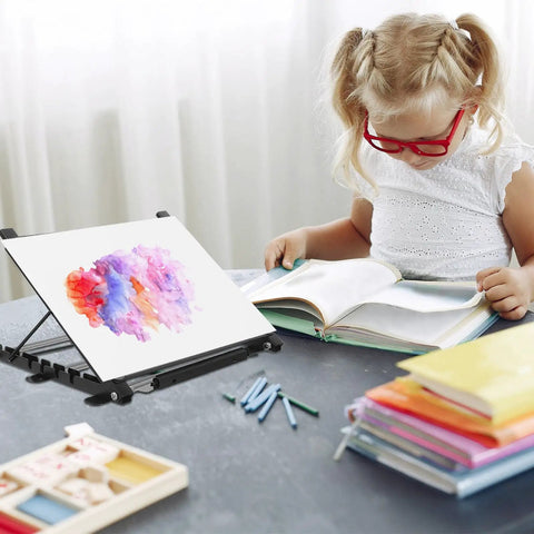 Child using Adjustable Light Tracing Box Stand with Metal Frame Pro Grade Portable LED Drawing Light Box for Tracing and Sketching