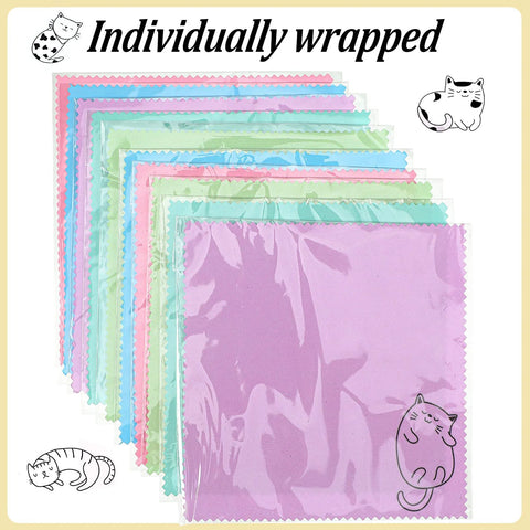 Microfiber cleaning cloths set, 20 pieces, pastel colors with cute cat design, 6 x 6 inches, individually wrapped.