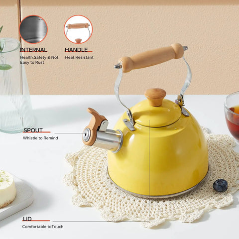 Yellow 1.6 Quart Tea Kettle With Cool Touch Wooden Handle Food Grade Stainless Steel Stovetop Teapot Whistling Kettle