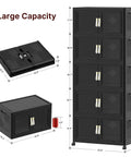 Premium Five Tier Storage Tower With Clear Front Panel Foldable Stackable Cabinet Rack Massive 230 Gallon Capacity, showcasing dimensions and foldable design.