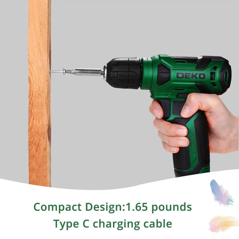 Smooth As Hell 8V Cordless Drill Set With One Hand Keyless Chuck And 42 Piece Accessory Kit Built In Bright Led Work Light Type C Fast Charge Cable, close-up of drill in use on wood.