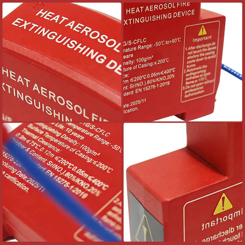 Built Tough Aerosol Fire Suppression Kit With Automatic Heat Sensors And Din Rail Brackets Slap These On Generator Rooms To Get Those Flames Squared Away Pack Of 15 close-up of red fire extinguishing device with labels and specifications.