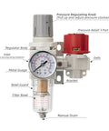 Diagram of Pneumatic Air Compressor Filter Regulator Combo One Quarter Inch NPT 0 To 120 PSI Range with labeled parts
