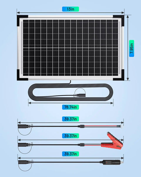 Heavy Duty 7.5W Solar Battery Maintainer And Trickle Charger For 12V Rigs, 13in panel with mounting cables and connectors.