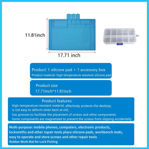 Pro Level Silicone Workbench Mat Featuring a Rock Solid Magnetic Surface and Smart 10 Slot Organizer Perfect for Soldering Phone Fixing and Lock Picking Practices Hella Heat Resistant 17.7 x 11.8 Inch with accessory box