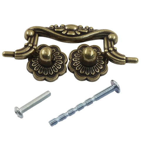 Vintage Drop Bail Cabinet Pulls 3 Inch Hole Centers 6 Piece Set Antique Bronze Finish Solid Zinc Alloy hardware with screws.