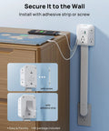 Slick Space Saving Outlet Extender Stick With 360 Rotating Plug And Solid Surge Protector For Behind Couch Bed Nightstand Adjustable Reach Easy Peasy Game Changer Setup mounted on wall beside bed.