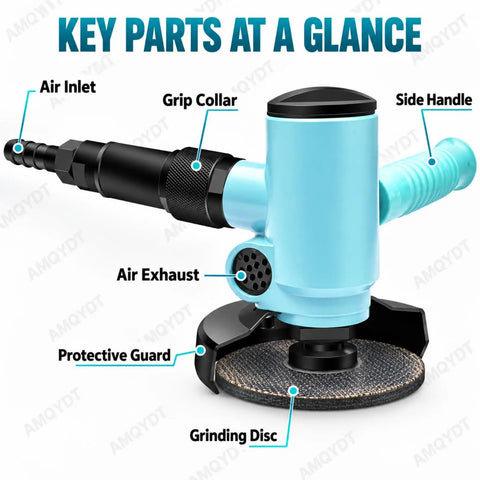 Top Tier Pneumatic Air Angle Grinder 4 Inch showing air inlet, air exhaust, grip collar, side handle, and grinding disc.