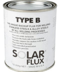 Type B Solar Welding Flux Back Purge Shield For Stainless Welds 1 lb can with detailed product label on white background.